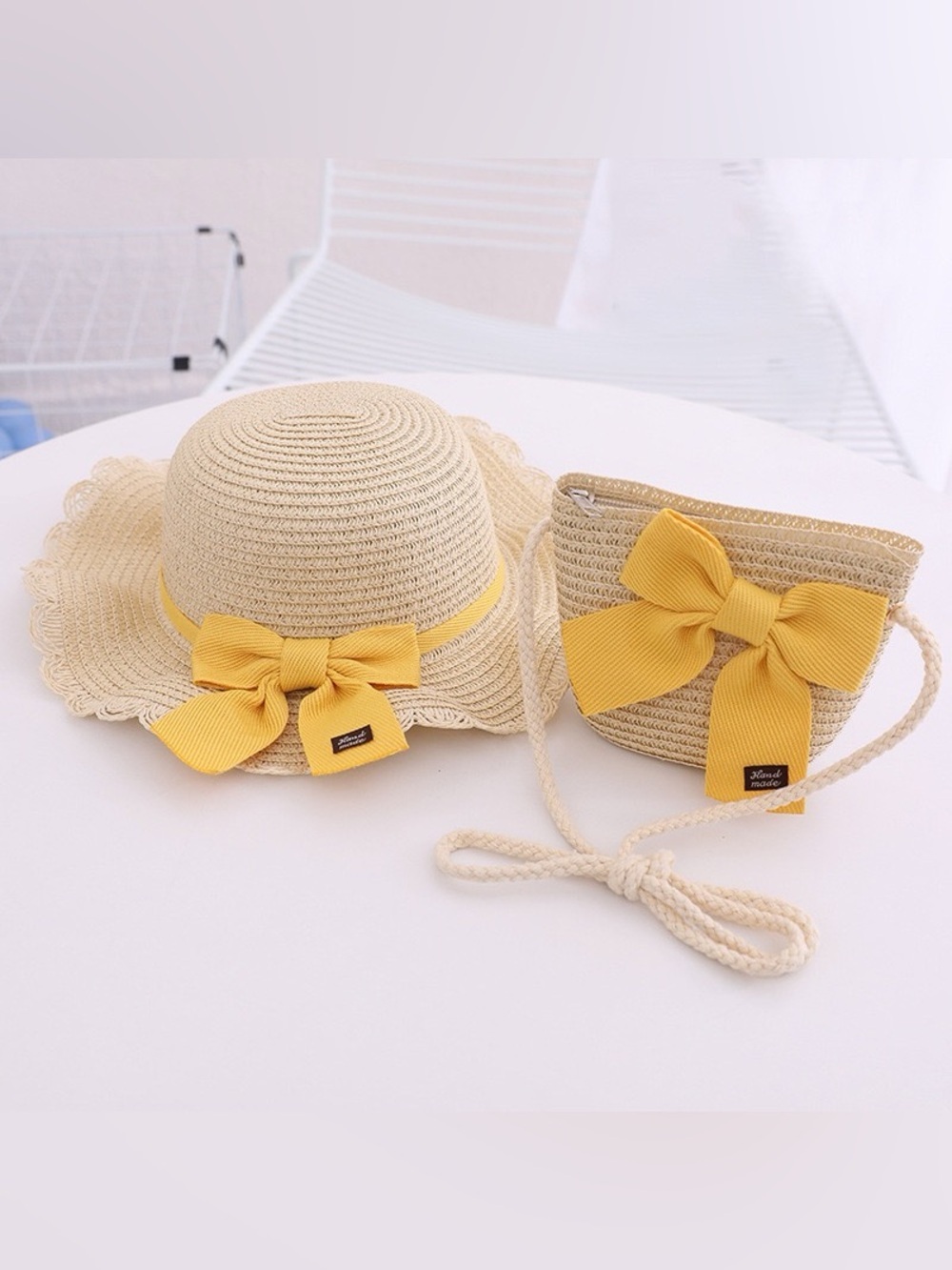 Straw Sun Hat & Crossbody Bag Set with Yellow Bow